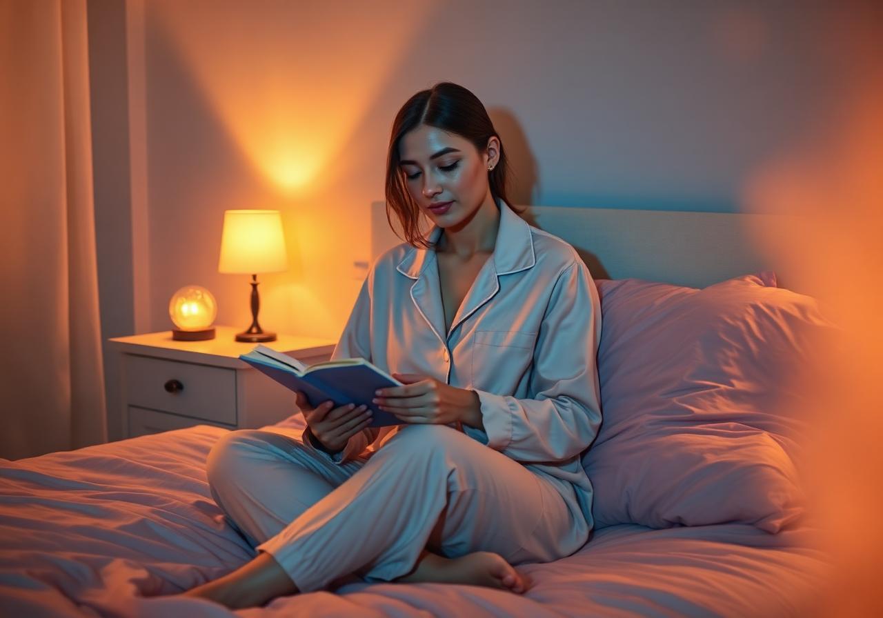 A woman reading by warm lamplight before sleep